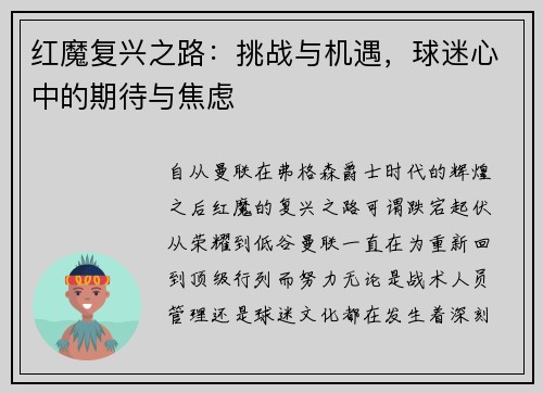 红魔复兴之路：挑战与机遇，球迷心中的期待与焦虑