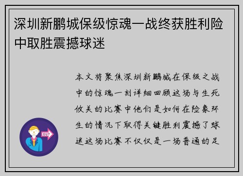 深圳新鹏城保级惊魂一战终获胜利险中取胜震撼球迷